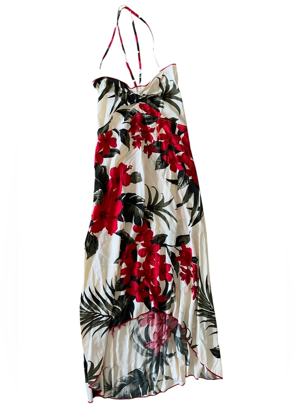 White Hawaiian Halter Floral Maxi Dress with Red & Green Tropical Print